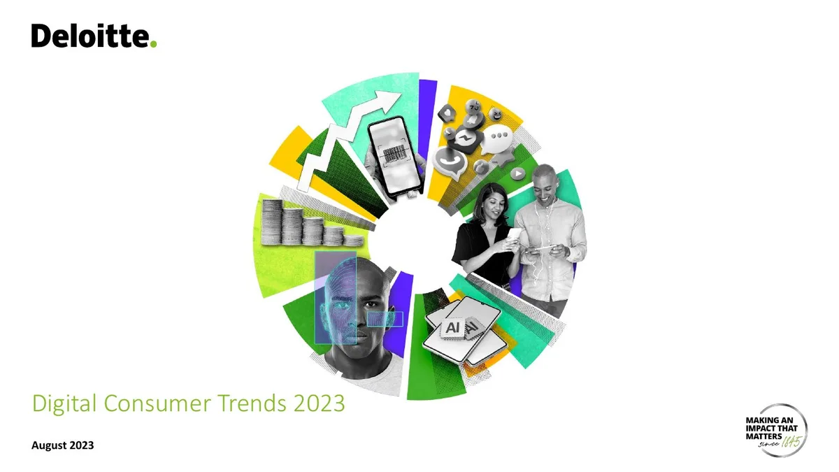 The slide uses a circular, segmented graphic design to represent various digital themes.