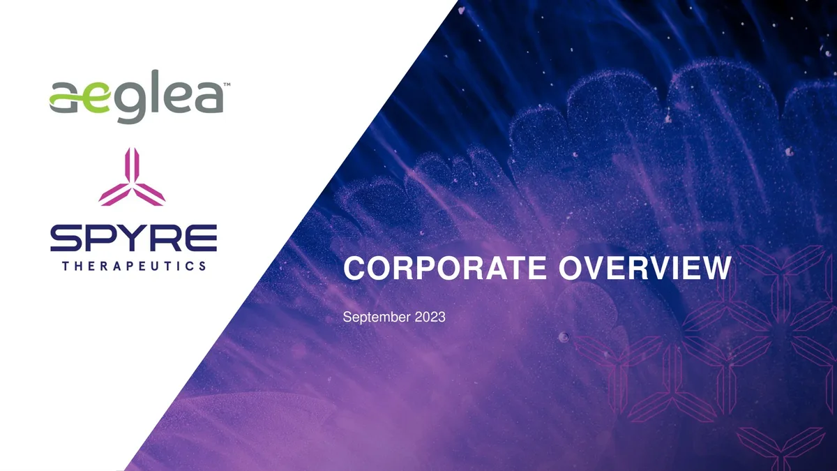 The slide features both the Aeglea and Spyre Therapeutics logos, indicating a transition or merger context.