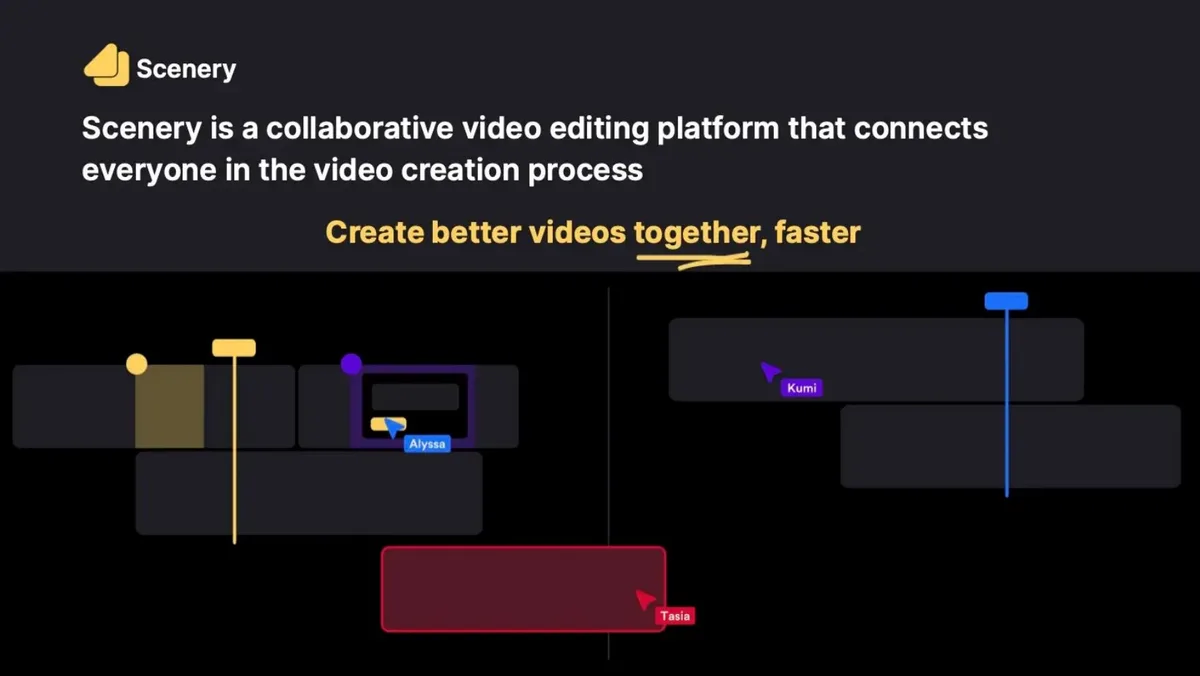 The slide uses a visual metaphor of a multi-user timeline interface to demonstrate real-time collaboration.