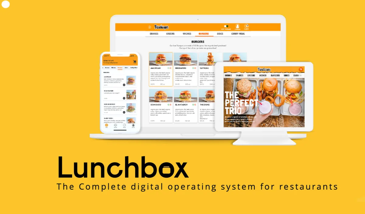 The slide uses a yellow background and displays multiple device mockups showing the Bareburger menu interface.