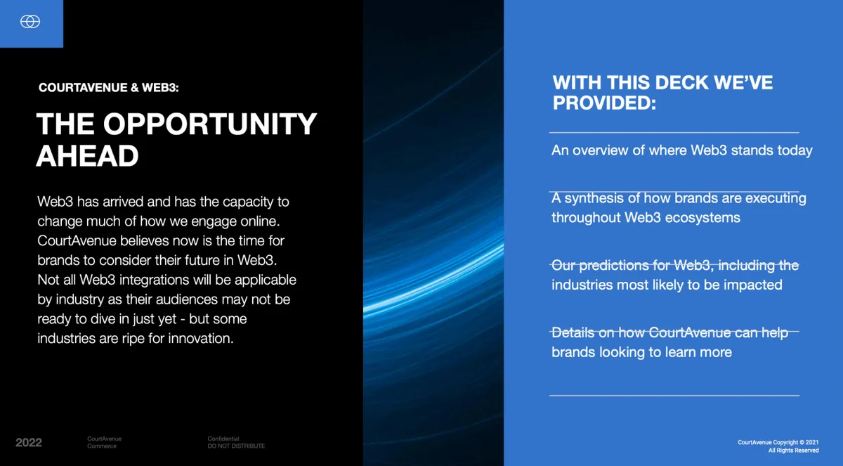 Pitch deck: How digital agency CourtAvenue is helping brands enter Web3 · slide 1