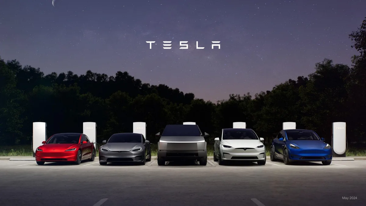 The slide features the Tesla logo and a lineup of five vehicles (Model 3, Model S, Cybertruck, Model X, Model Y) at night.