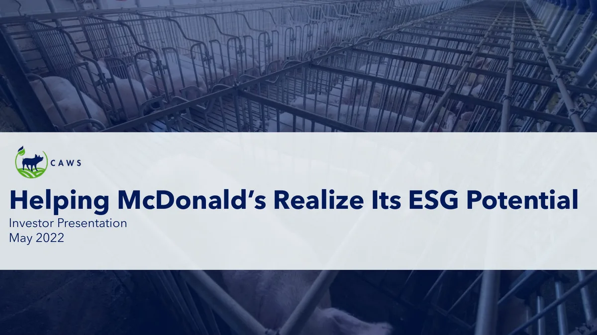 The background image depicts pigs in gestation crates, establishing a critical tone regarding animal welfare.