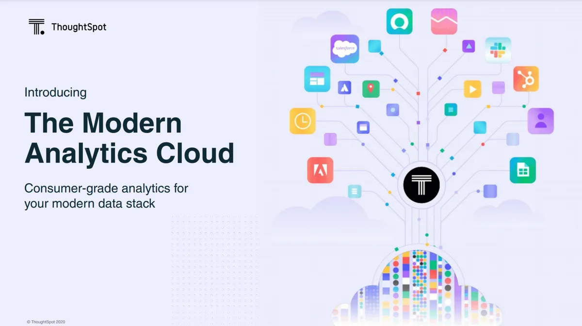 The visual uses a hub-and-spoke diagram (tree metaphor) to show connectivity between various data sources/apps and the ThoughtSpot platform, which sits atop a cloud data layer.