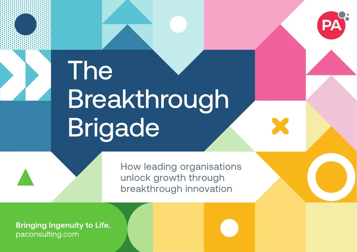 The slide uses a geometric, colorful abstract pattern typical of PA Consulting's branding.