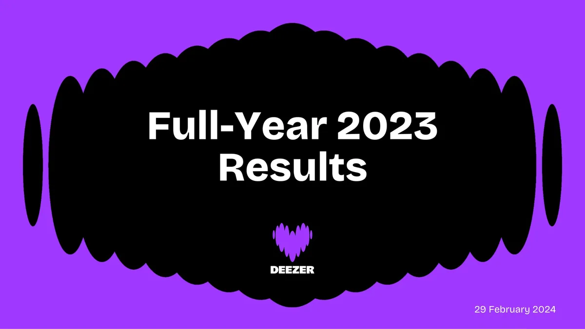 The slide features a stylized black shape on a purple background with the Deezer logo and date.