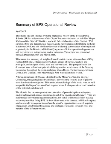 April 2015 Summary of BPS Operational Review