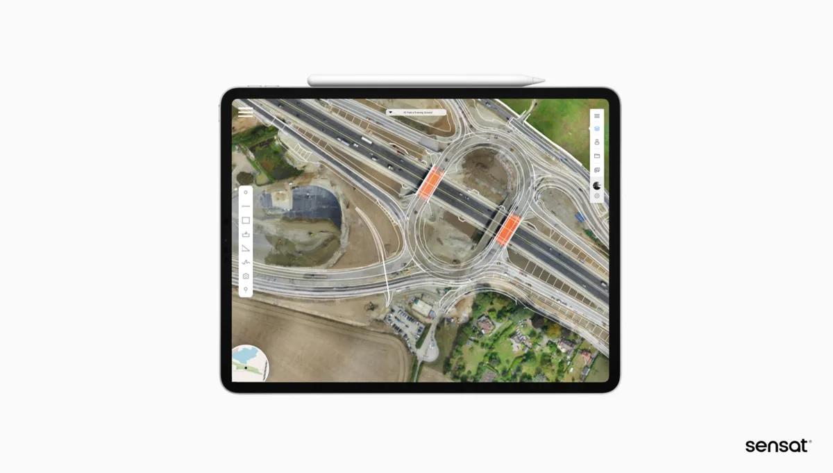 The slide features a product UI screenshot showing geospatial data visualization with CAD-like overlays on satellite imagery.