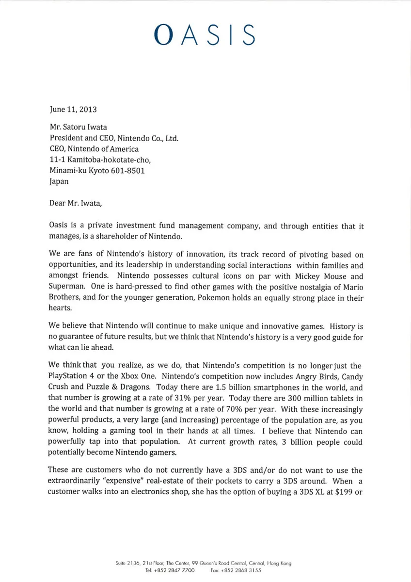 This is a shareholder letter from Oasis Management to Nintendo, dated June 11, 2013.