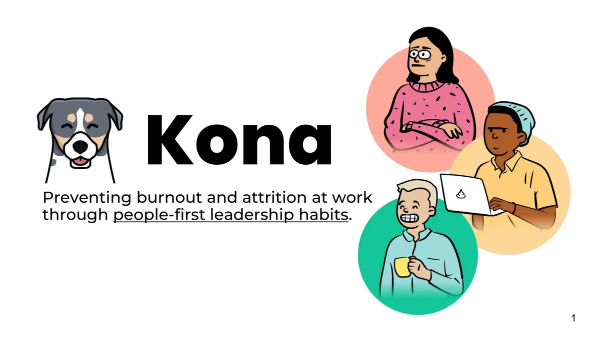 Includes brand mascot (dog) and illustrations of diverse employees.
