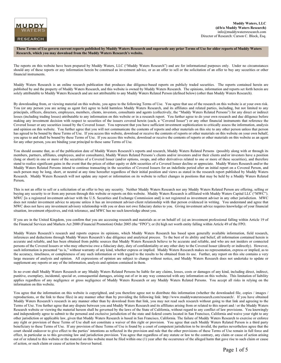 This is a standard legal disclaimer page for an investment research firm.