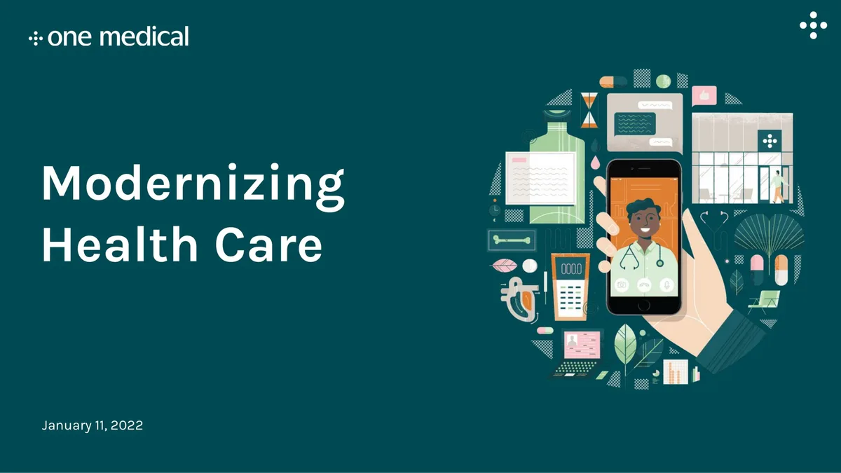 Includes a collage of healthcare-related icons surrounding a smartphone showing a virtual doctor visit.