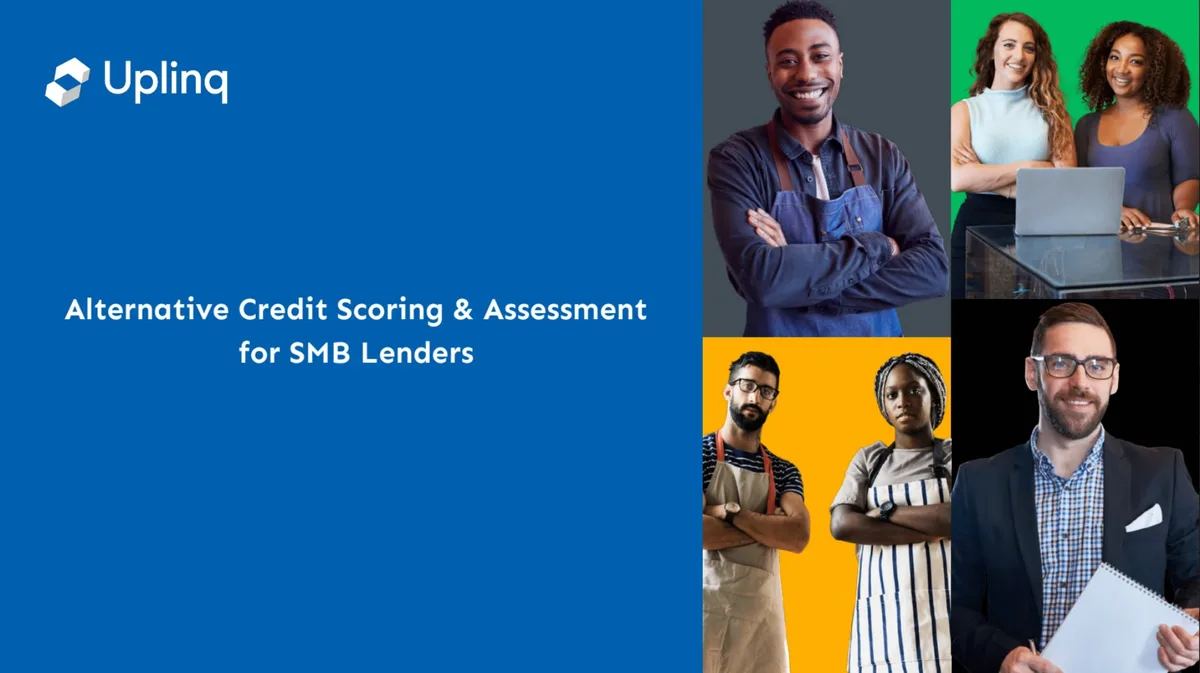 The slide features a blue background with the company logo and title on the left, and a collage of diverse professional portraits on the right.