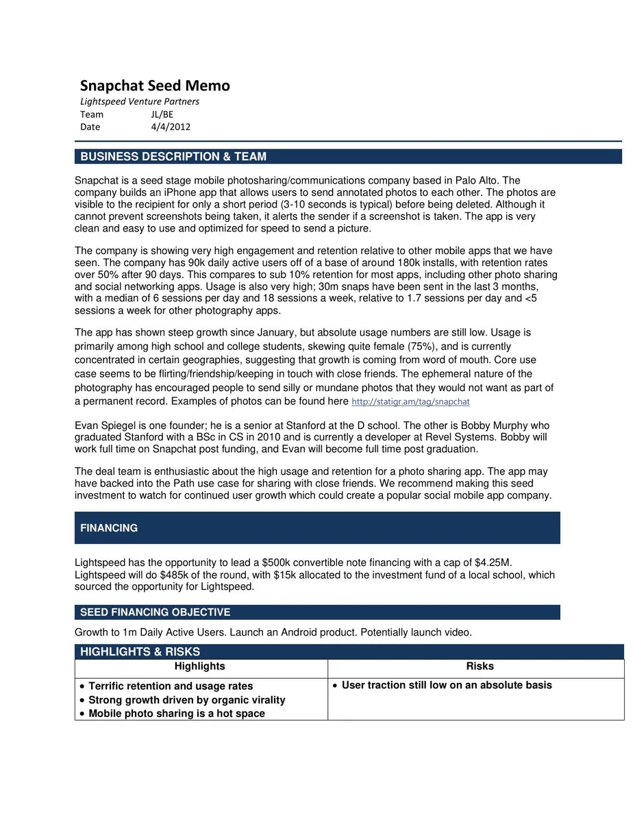 This document is a historical venture capital investment memo rather than a standard presentation slide.