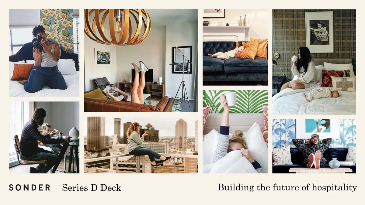 The slide uses a collage of lifestyle photos to convey the brand's value proposition of 'home-like' hospitality.