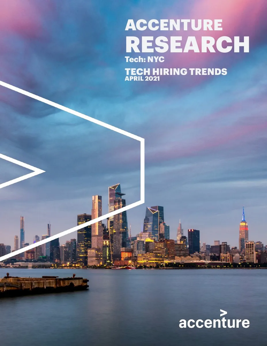 Features the iconic Accenture chevron graphic overlaying a NYC skyline photo.