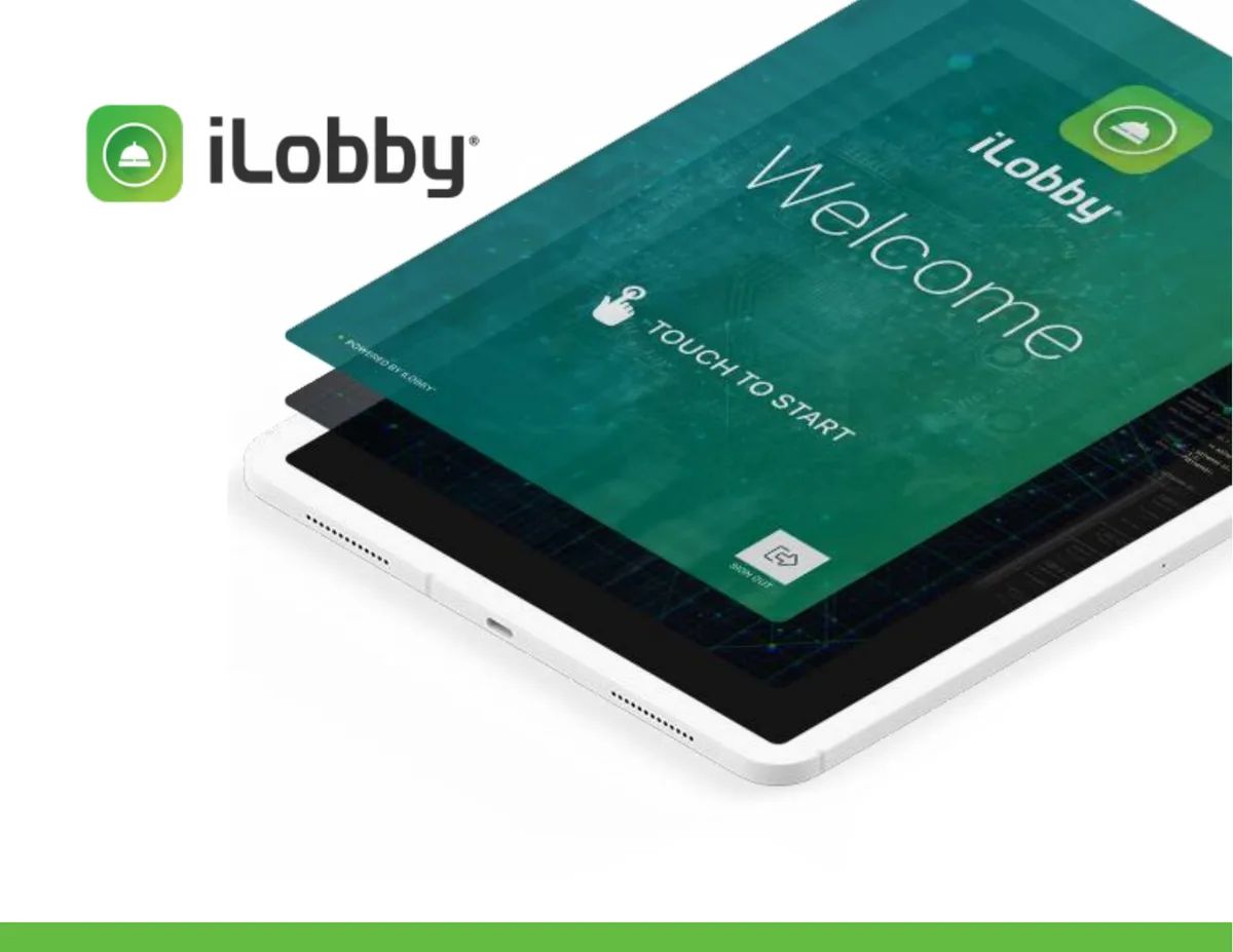 The slide features the iLobby logo and a stylized product screenshot showing the 'Welcome' screen.