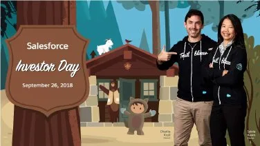 Features Salesforce branding elements (Trailblazer hoodies, mascot characters) and two presenters.
