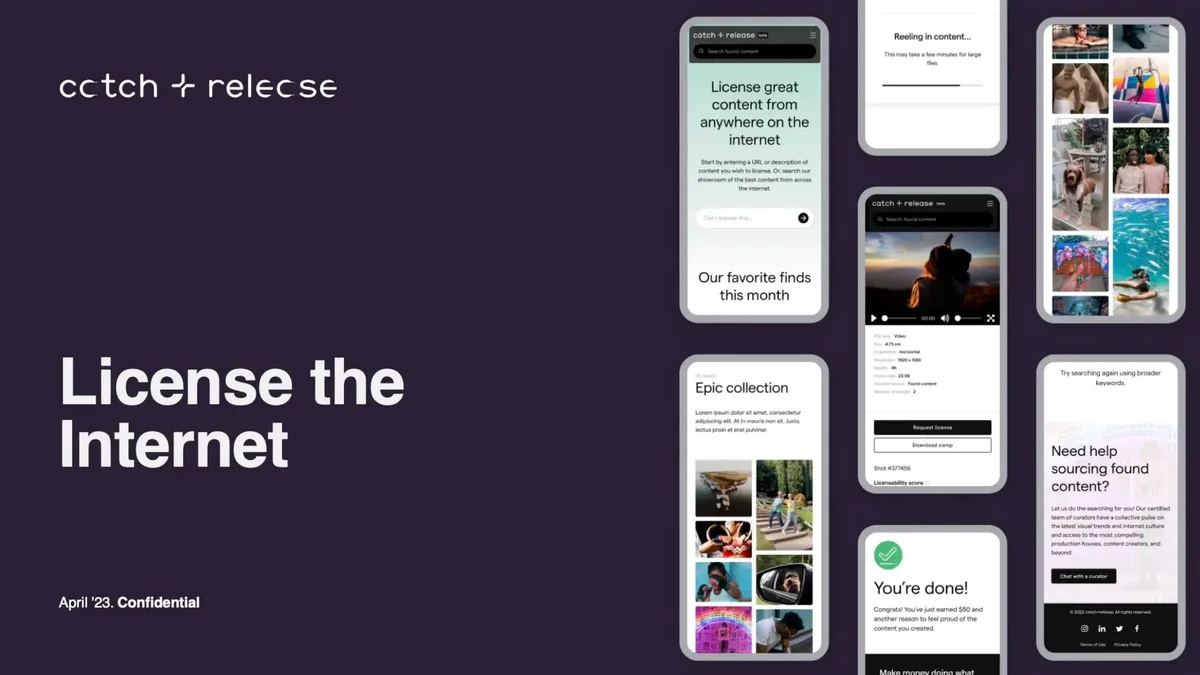 The slide features a dark purple background with the company logo and a collage of mobile app screenshots demonstrating the content licensing workflow.