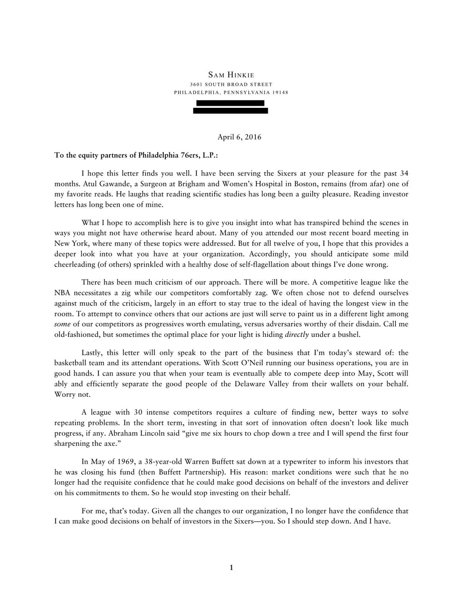 This is a historical document, specifically Sam Hinkie's resignation letter from the Philadelphia 76ers.