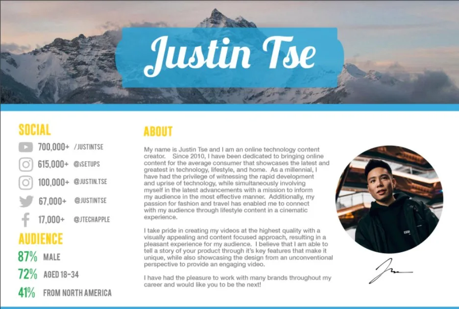 Includes social media follower counts and audience demographic percentages.