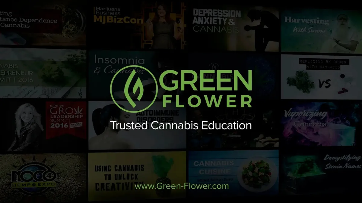 The background is a mosaic of various video thumbnails related to cannabis education.