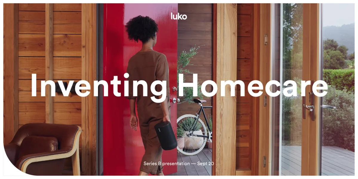 The slide features a lifestyle photograph of a person entering a home, with the company logo and presentation date.
