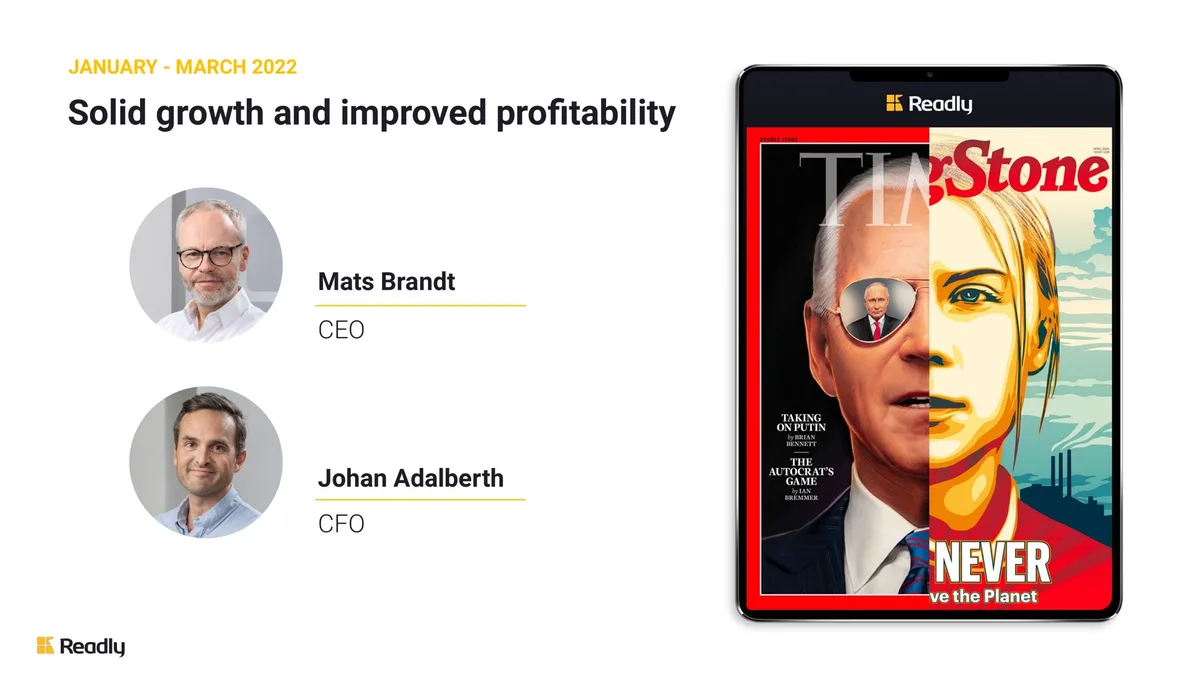 The slide features a tablet displaying a composite magazine cover.