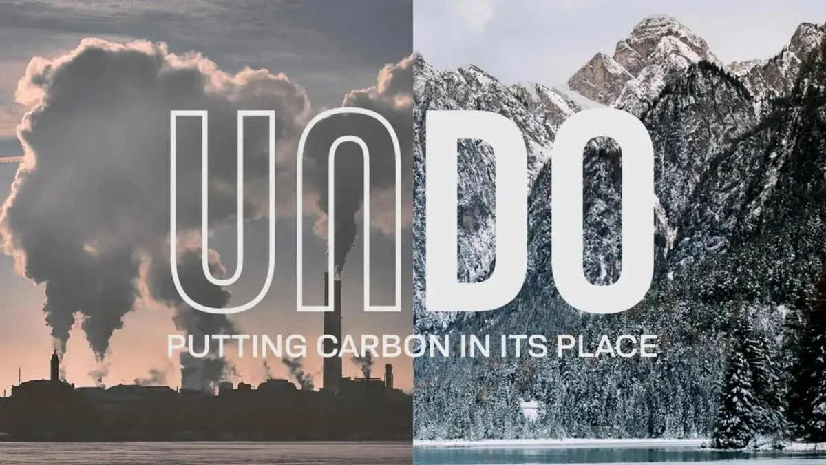The slide uses a split-screen visual metaphor to represent the company's mission of carbon removal.