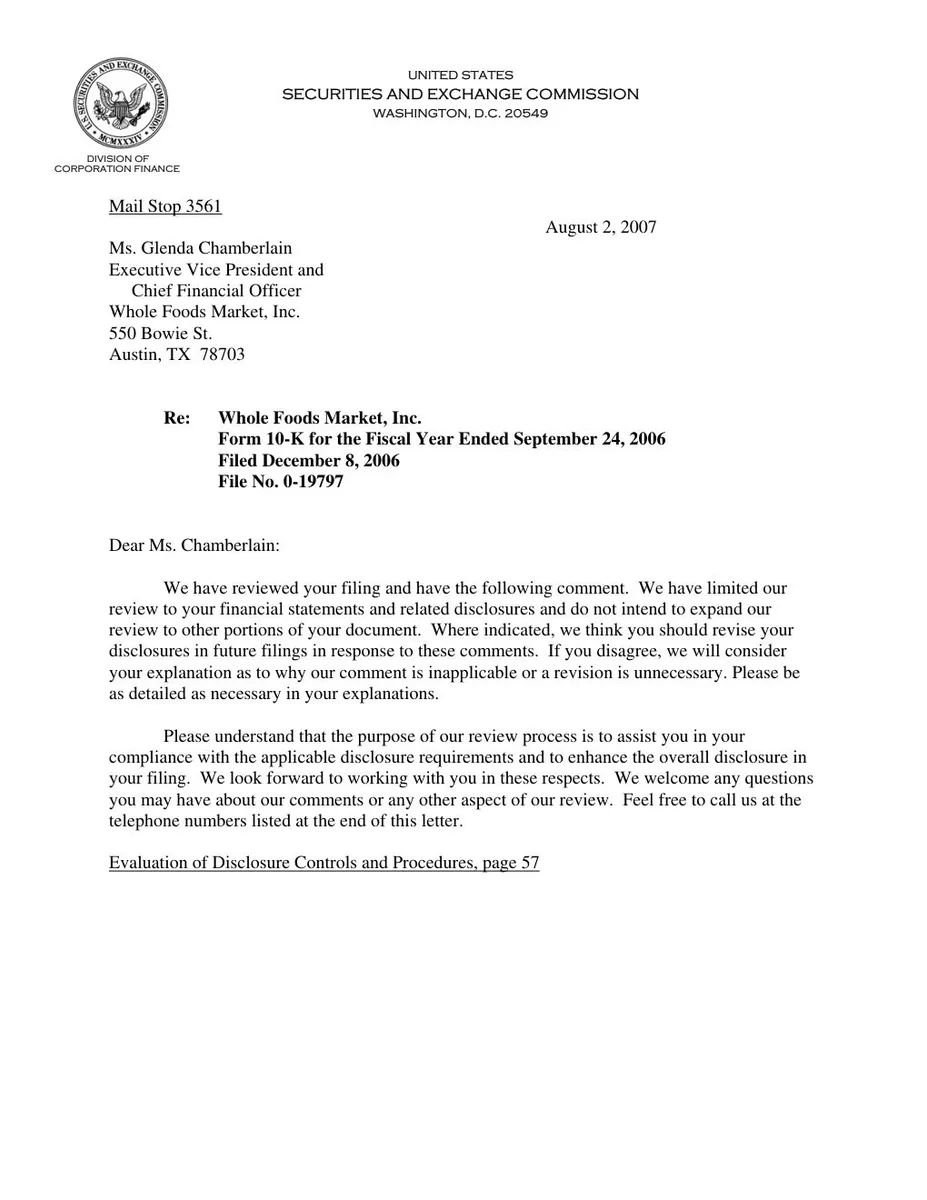 This is a standard SEC correspondence letter regarding a regulatory filing review.