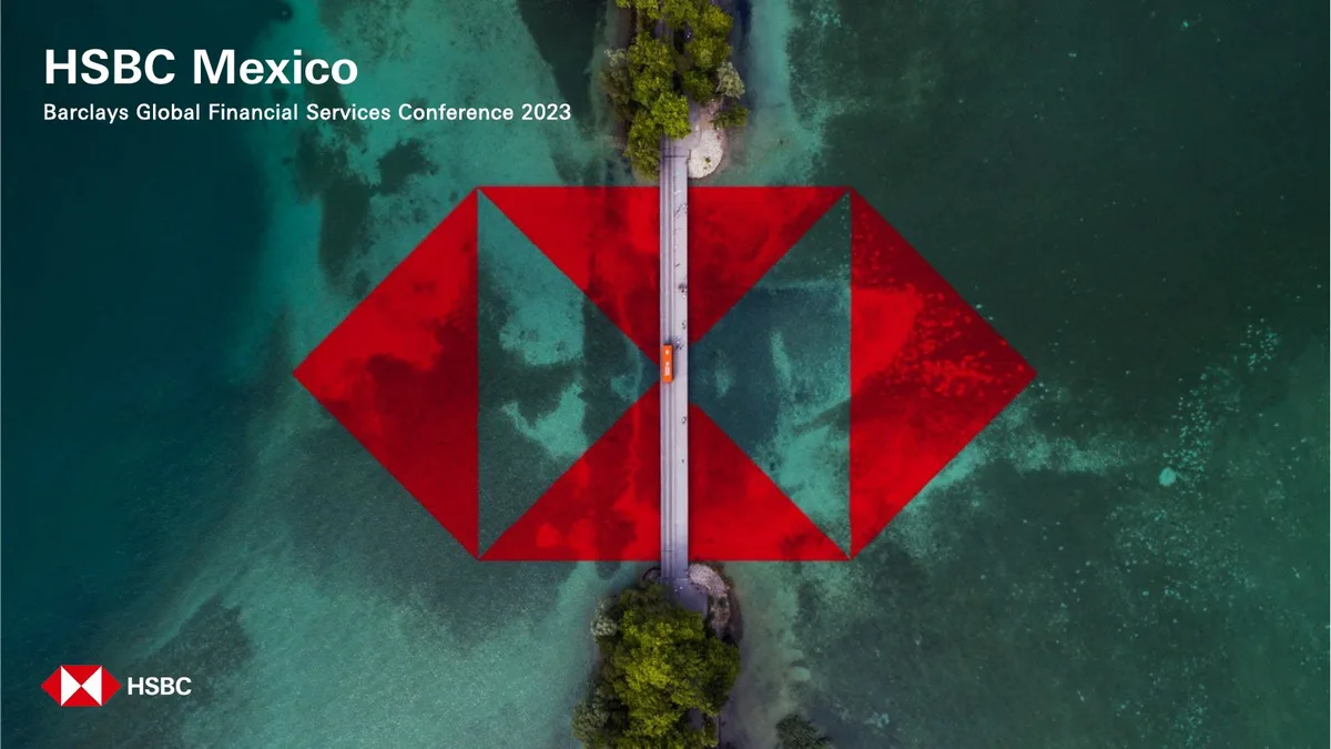 The slide features a stylized HSBC logo overlaid on an aerial photograph of a bridge over water.
