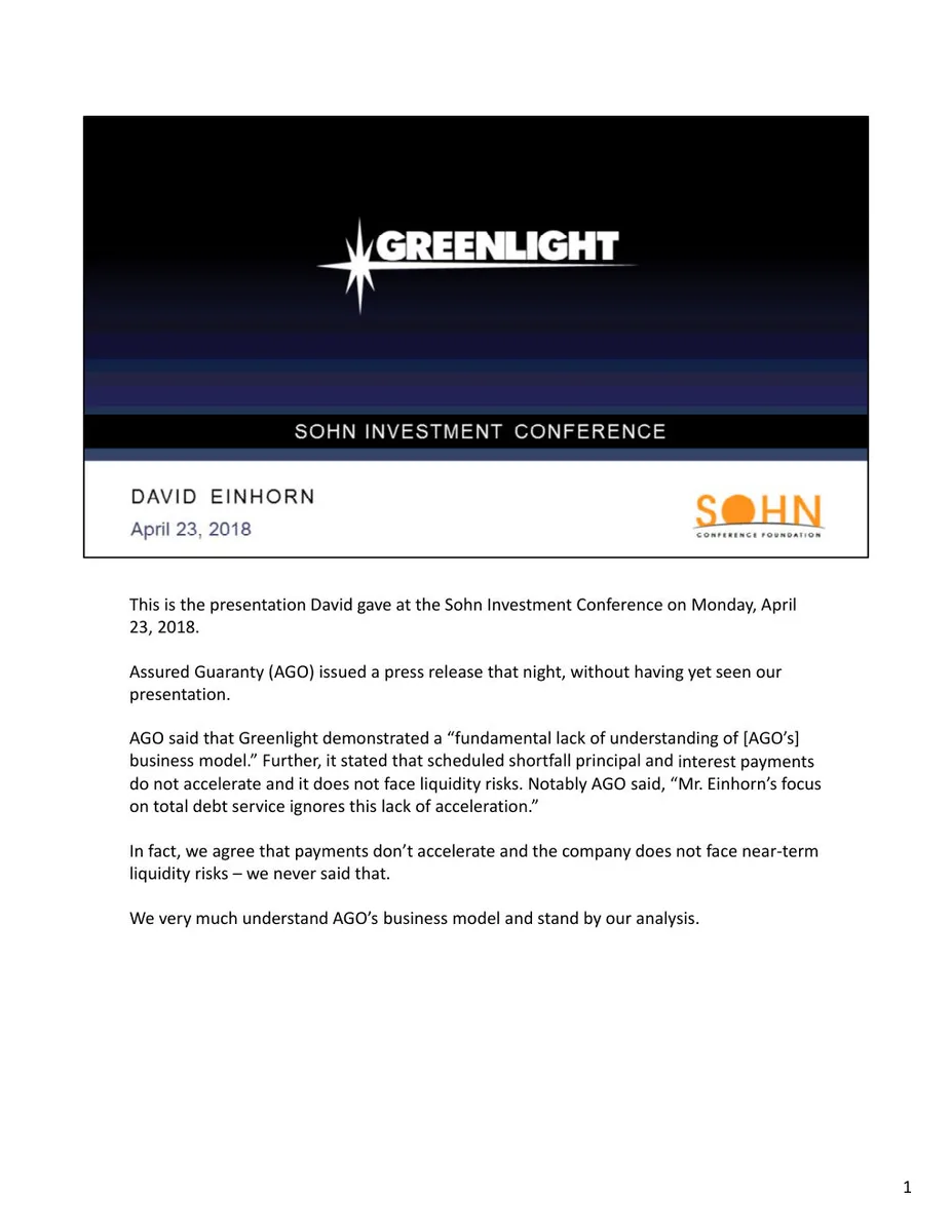 This slide functions as a direct response to a press release issued by the target company (AGO) following the Sohn Investment Conference presentation.