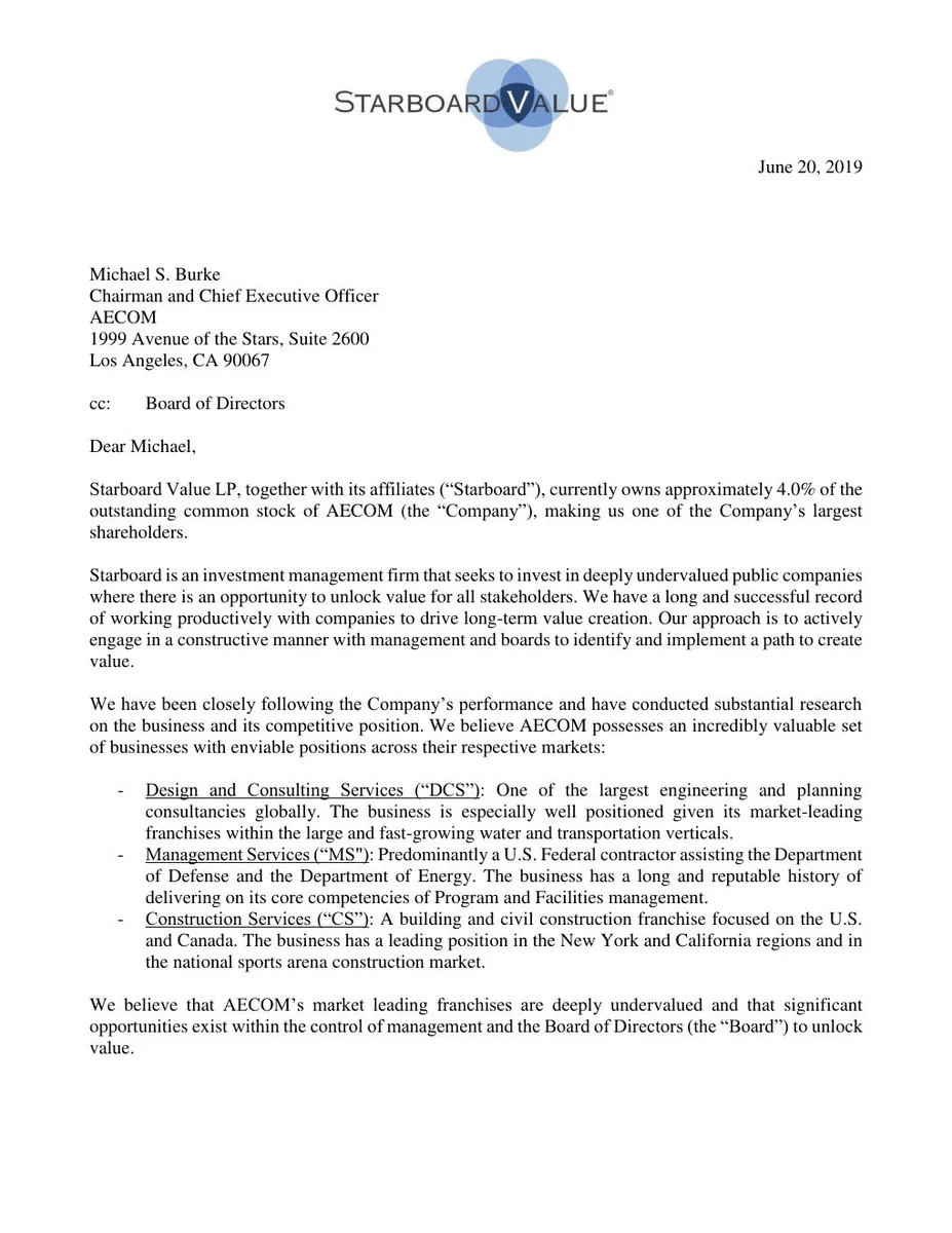 This is a formal activist investor letter.