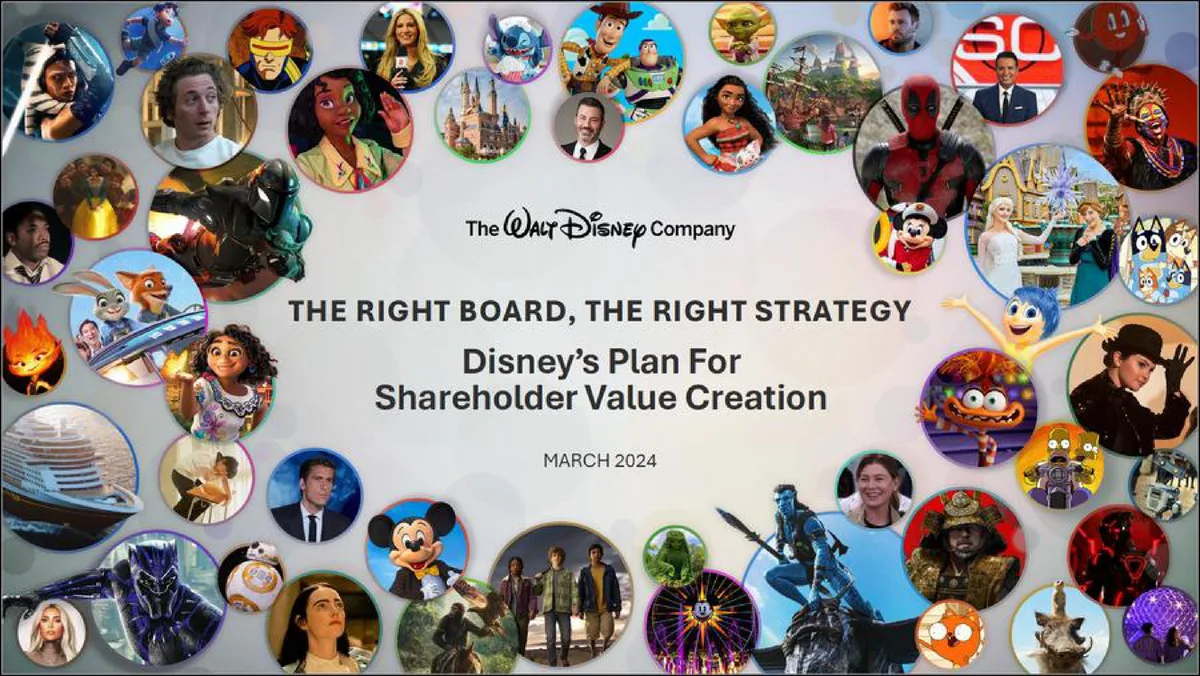 The slide uses a 'bubble' collage aesthetic to represent the breadth of Disney's portfolio.