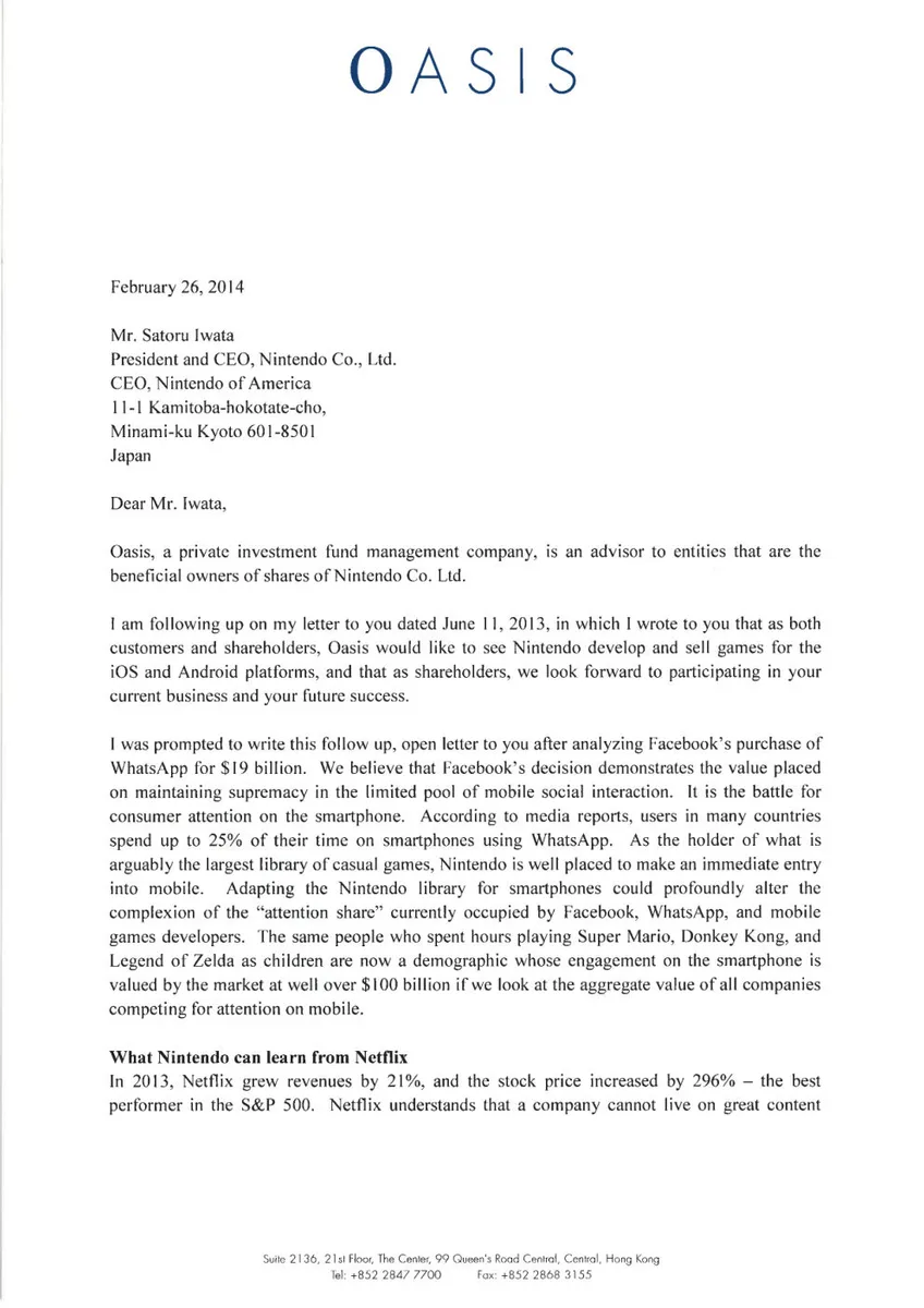 This is a formal shareholder letter from Oasis Management to Satoru Iwata of Nintendo.