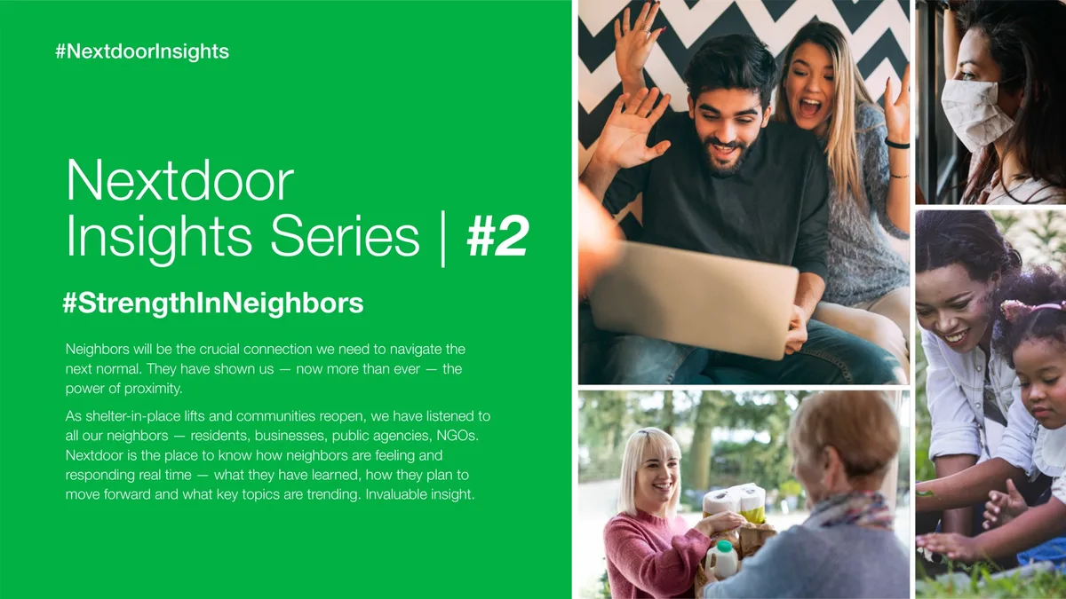 The slide uses a green background with a collage of photos depicting community interaction and connection.