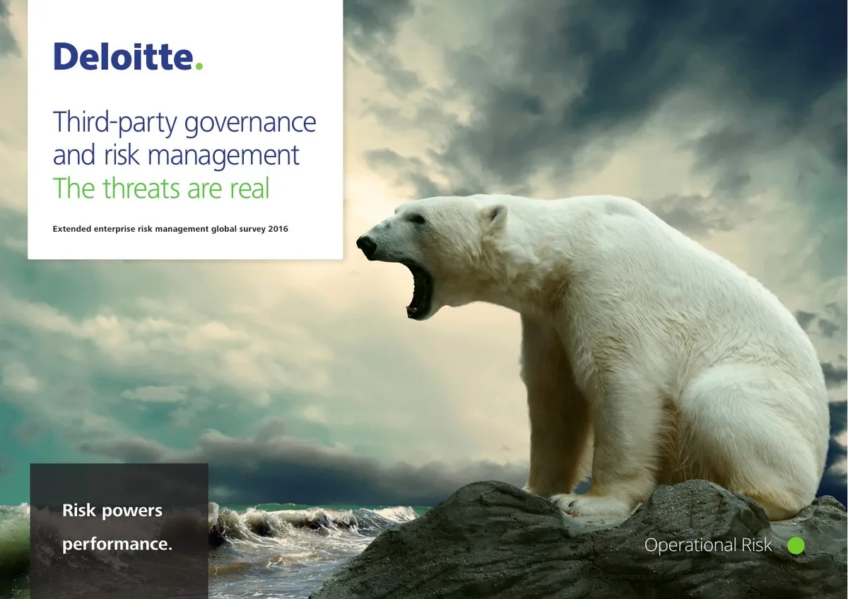 The slide uses a dramatic visual metaphor (polar bear) to emphasize the 'real' nature of threats in third-party risk management.