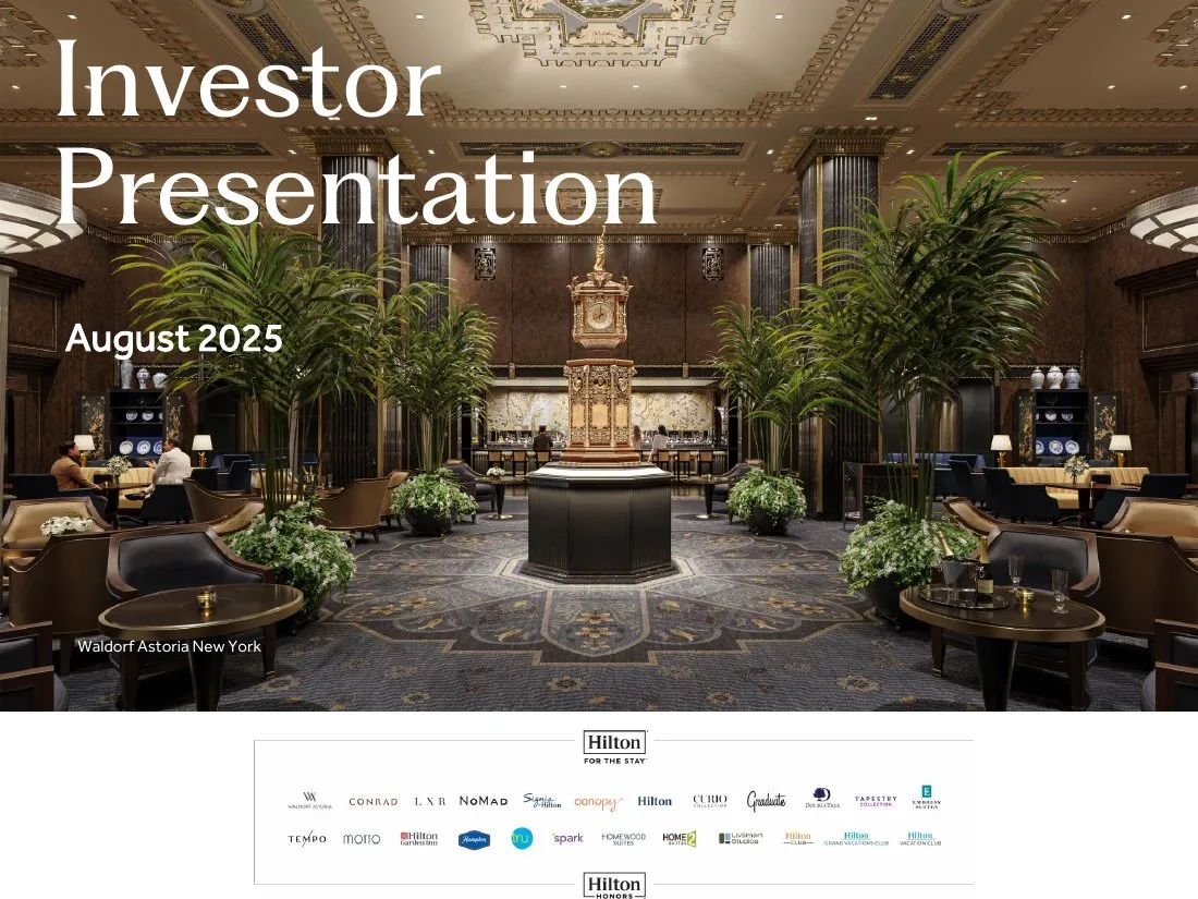 The slide features a high-quality interior photograph of the Waldorf Astoria New York lobby and a comprehensive logo grid of Hilton's hotel brands.
