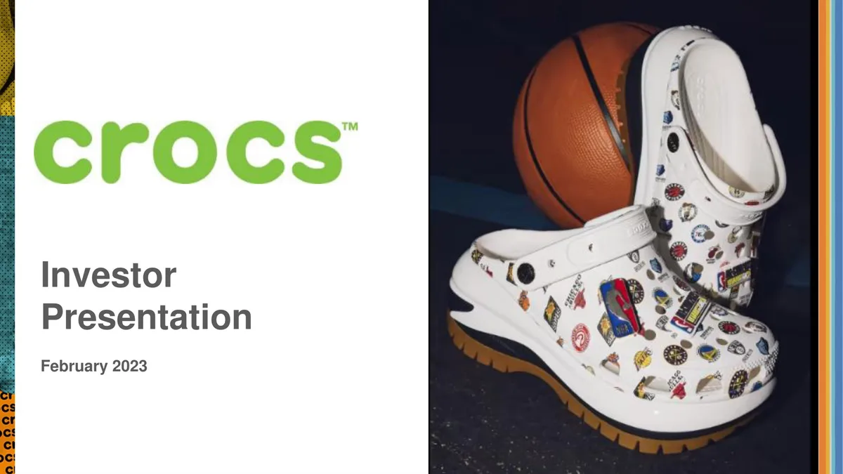 The slide features a co-branded NBA Crocs clog and a basketball, emphasizing brand partnerships.