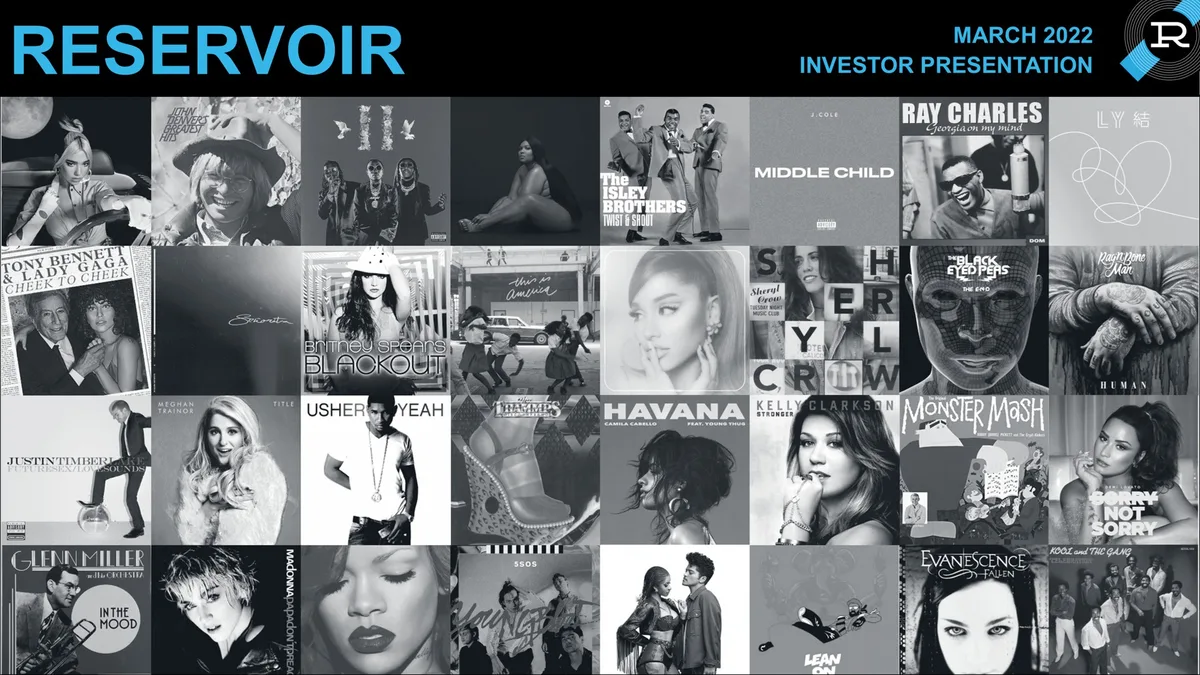 The slide serves as a visual representation of the company's music catalog or industry focus.