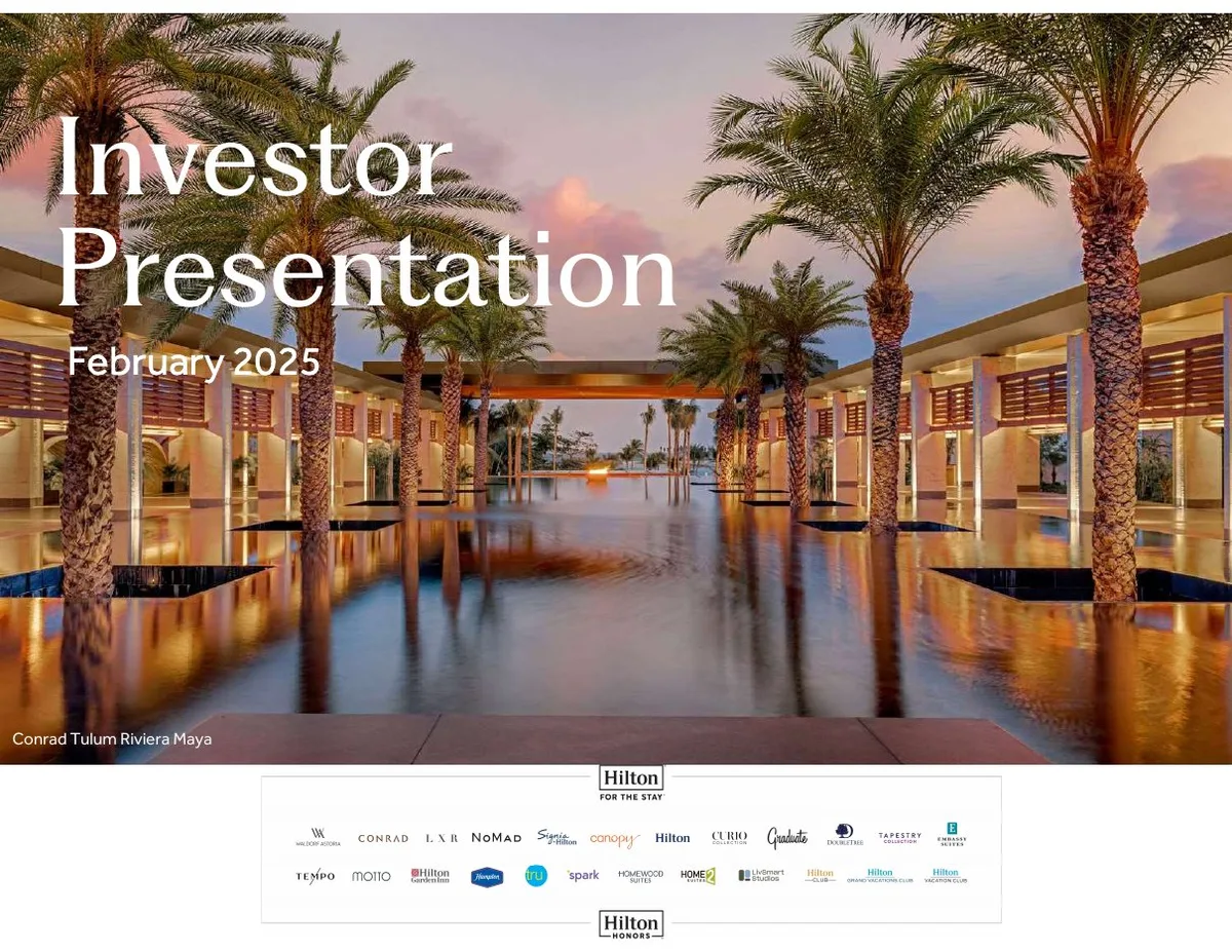 Includes a photo of Conrad Tulum Riviera Maya and a comprehensive grid of Hilton's hotel brands.