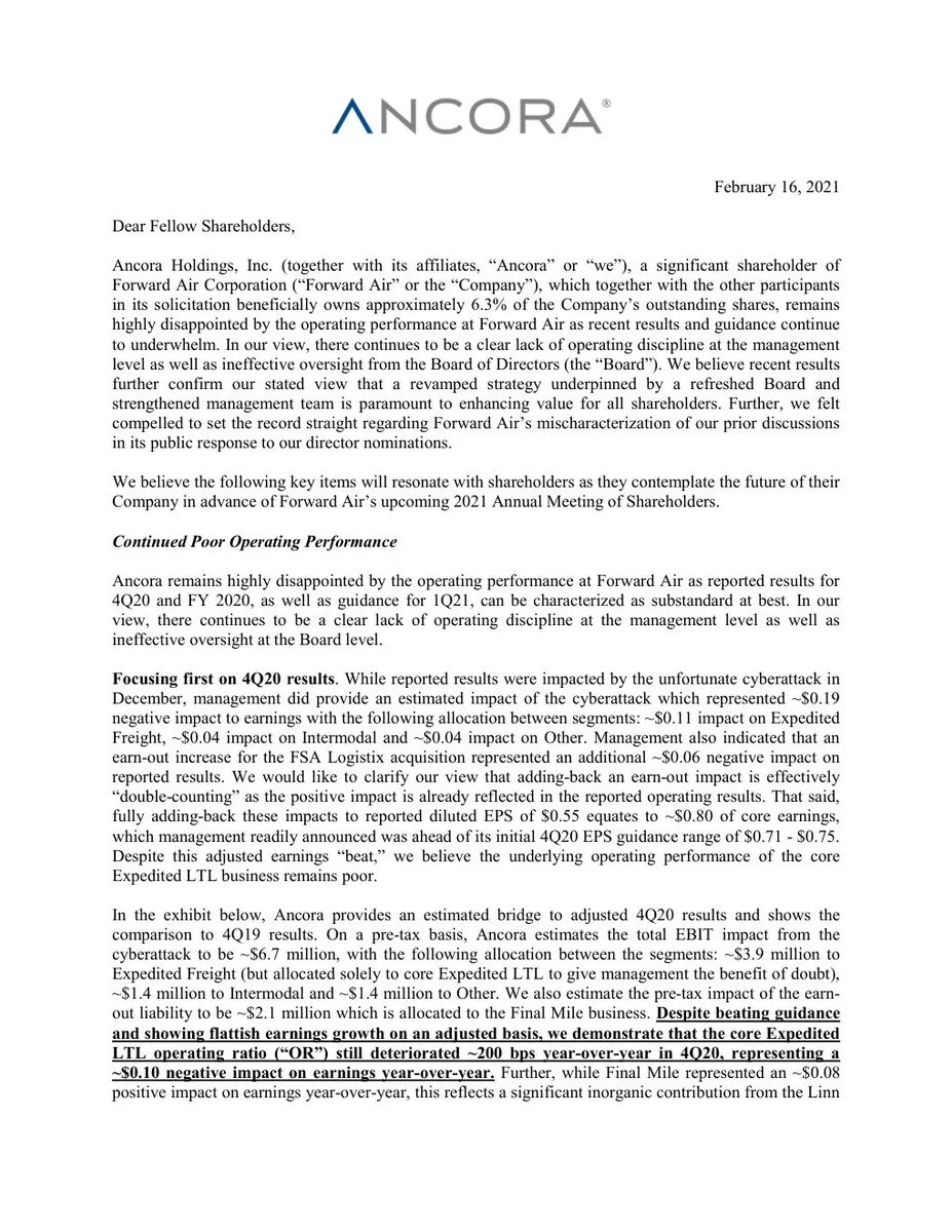 This is an activist investor letter from Ancora to Forward Air shareholders.