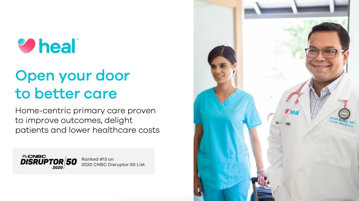 The slide uses a split-screen layout with text on the left and a high-quality photo of medical professionals on the right.