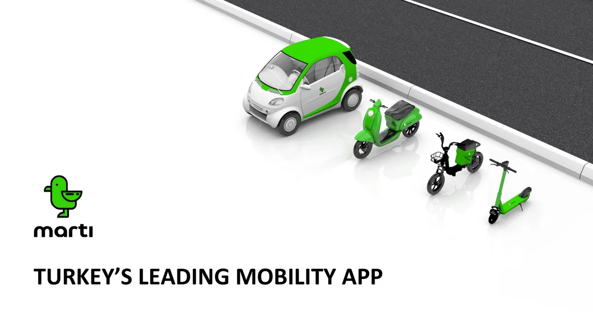 The slide uses a visual representation of the product fleet (car, moped, e-bike, e-scooter) to establish brand identity.
