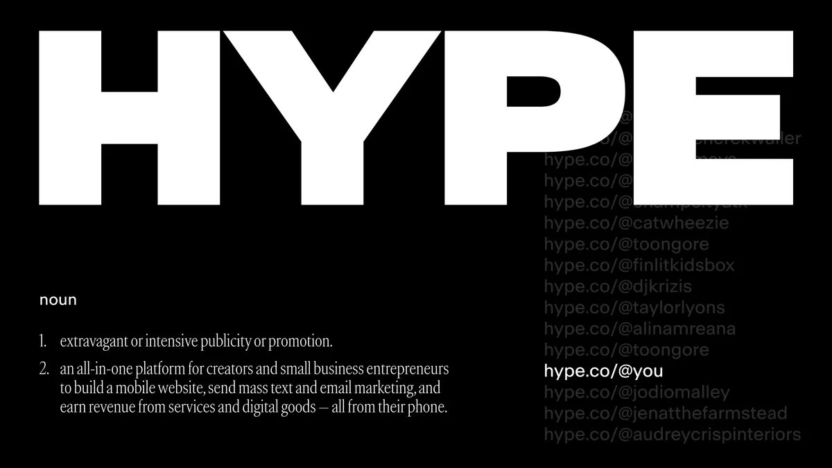 The slide uses a dictionary definition format to rebrand the word 'hype' into the company's value proposition.