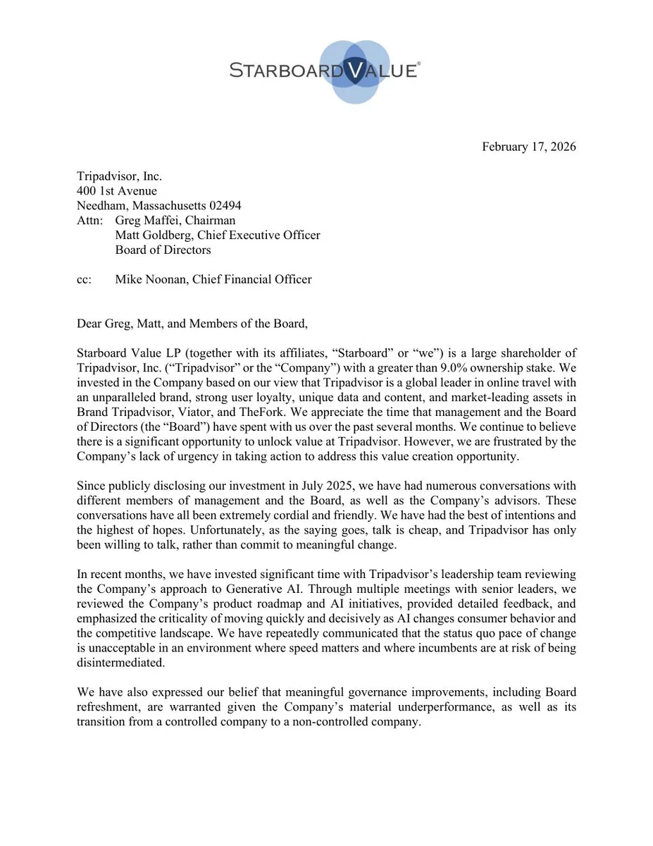This is the first page of a shareholder letter from Starboard Value to Tripadvisor.