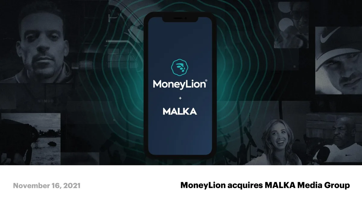 The slide features a central smartphone graphic with the MoneyLion and MALKA logos, surrounded by a collage of media content.