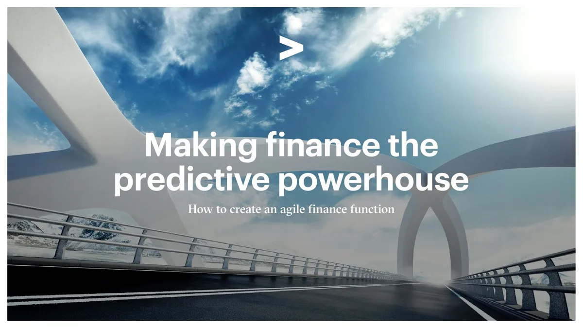 The slide features a bridge metaphor, likely symbolizing the transition to a new state of finance operations.