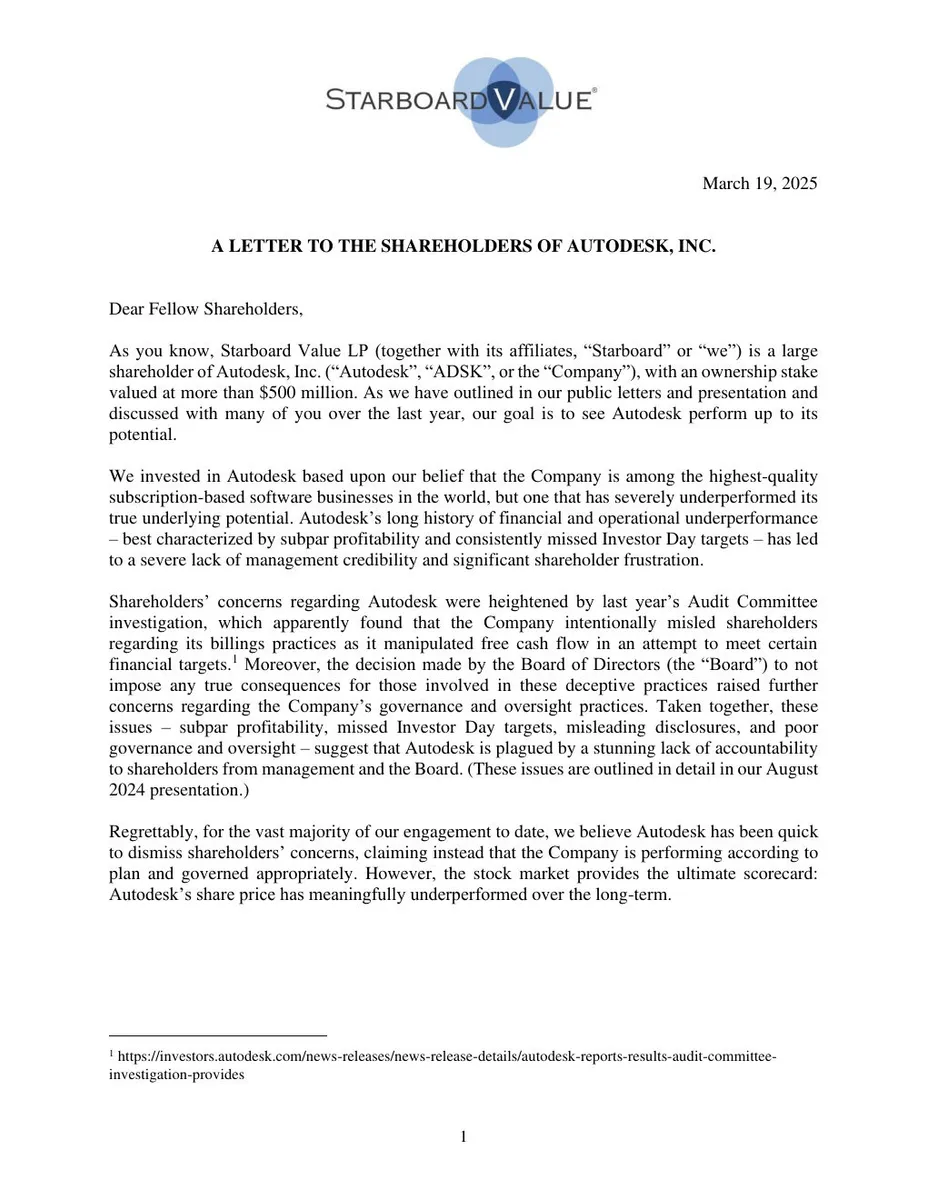 This is the first page of an activist investor letter.
