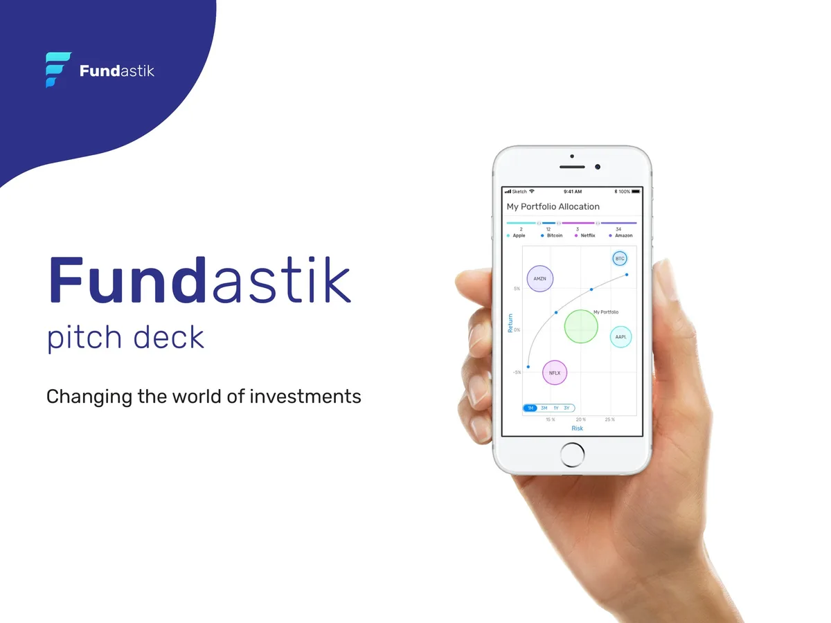 The slide uses a scatter plot visualization on a smartphone screen to represent investment portfolio performance.